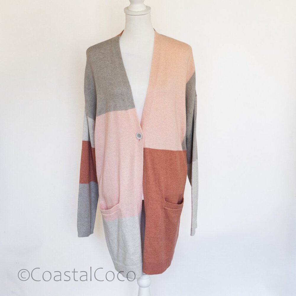 Pure Jill Multicolor Colorblock Cardigan Size L Sweater Peach Grey Soft Relaxed